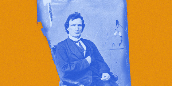 Image: Portrait of Thaddeus Stevens with blue overlay against a yellow background