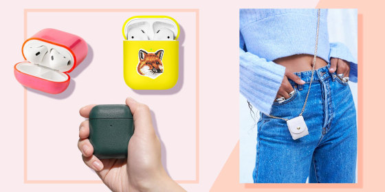 Illustration of three different airpod cases and a woman wearing a stylish airpod chain case