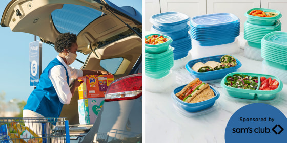 Illustration of Sam's Club shopper loading a trunk with products and reusable Tupperware from Sam's Club