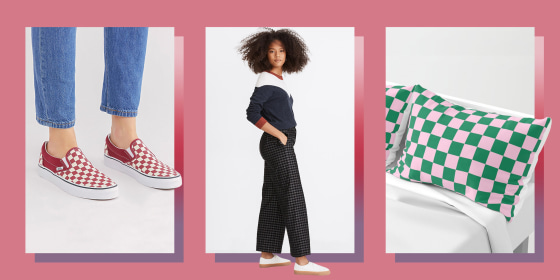 Illustration of Vans Classic Slip-On Core Classics, Madewell Huston Button-Front Ankle Pants in Checked Corduroy and Cotton Candy Pink and Cadmium Green Checkerboard Pillow Sham