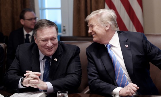 Image: Secretary of State Mike Pompeo and President Trump share a laugh during a cabinet meeting with U.S. President Donald Trump in the Cabinet Room of the White House.