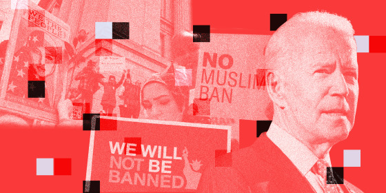 Photo collage of images from protests against Trump's \"Muslim Ban\" along with Biden looking ahead.