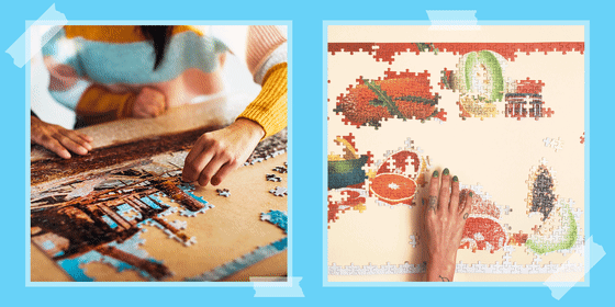 Illustration of two people working on a 1000 piece puzzle and a GIF of a woman working on Rise & Shine