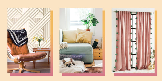 Illustration of gold wallpaper, a Monstera Deliciosa in someones living room and Anthropologie Mindra Curtains in pink