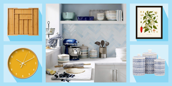 Illustration of Wayfair 3 Piece Kitchen Canister Set, Print from Vintage Fruit Print Set, Bamboo Expandable Drawer Organizer, La Chic Wall Clock and a lifestyle Bendt Gold 3-Tier Wire Fruit Basket in a kitchen