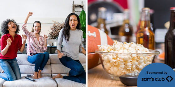 Image of roommates watching the Superbowl and an image of a football, beers, remote and popcorn to watch the Superbowl