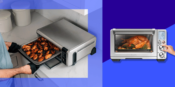 GIF of a man putting food in his Ninja Foodi 8-in-1 digital oven and and someone turning the knob on the COSORI 12-in-1 Oven Air Fryer Combo