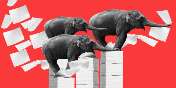 Photo illustration of three elephants facing right, standing over piles of paper.