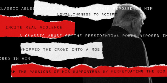 Image: Red and white torn strips of paper against a silhouette of Donald Trump facing away. The text on the paper strip:\"unwillingness to accept\",\"incite real violence\",\"whipped the crowd into a mob\",\"classic abuse of presidential power...\".