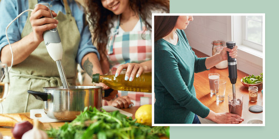 Illustration of a couple cooking in a pot with an immersion blender and a woman blending a smoothie with her immersion blender