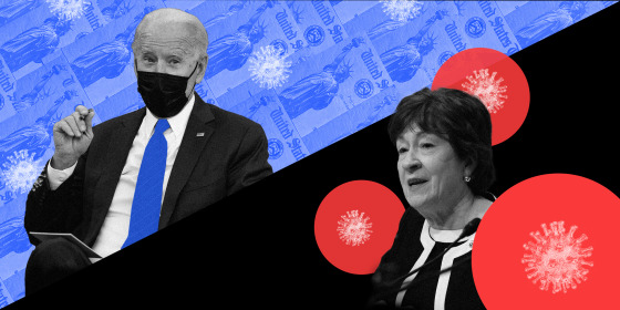 Photo illustration of President Biden against a background of blue cheques and COVID-19 spores along with Sen. Susan Collins surrounded by red circles with COVID-19 spores.