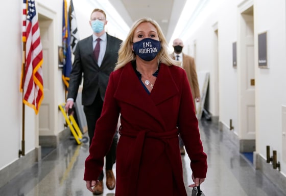 Rep. Marjorie Taylor Greene, R-Ga., leaves her office on Capitol Hill on Feb. 3, 2021.