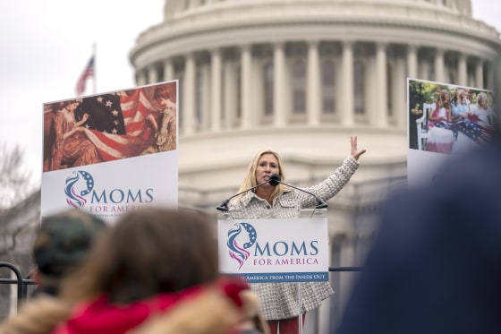Rep-elect Marjorie Taylor Green, R-Ga., speaks during a protest outside the Capitol in Washington on Jan. 5, 2021.
