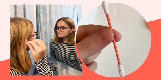 Collage of woman looking in the mirror using ear swab and a hand holding the swab