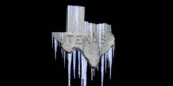 Photo illustration of an engraved sign that reads,\"TEXAS\" in the shape of the state is covered with icicles.
