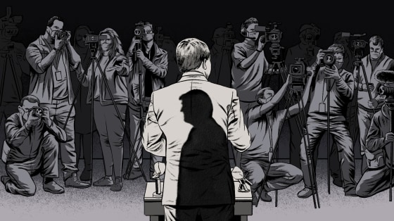 Image: Illustration shows a man in a suit, with Donald Trump's shadow on his back, speaking to a press corps with cameras and microphones.