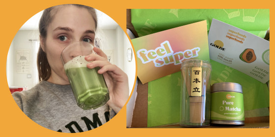 Collage of woman drinking matcha tea on yellow background