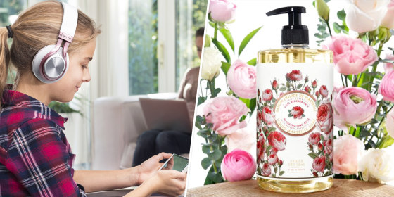 Collage of child with hearphones, and hand soap