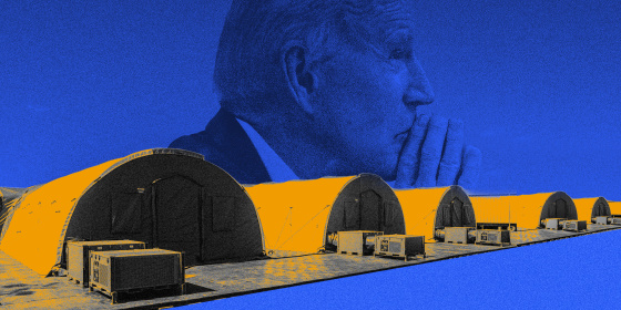 Photo illustration with a profile of President Joseph Biden in the background and a row of intensive care tents in the foreground.