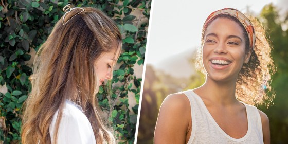 Illustration of a woman wearing a gold Kitsch Claw Clip and a woman wearing a headband