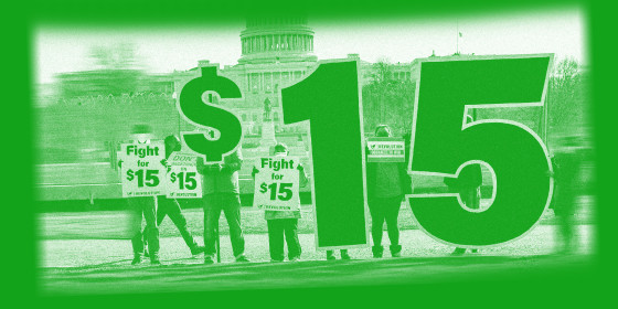 Photo illustration of activists appeal for a $15 minimum wage near the Capitol in Washington.