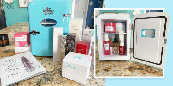 Illustration of before and after using the Personal Chiller LED Lighted Mini Fridge with Mirror Door in blue, to store your beauty products