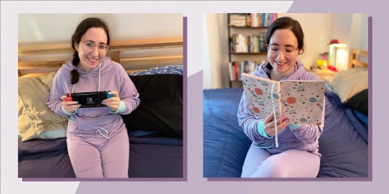 Illustration of Abigail Barr in 2 photos, wearing a purple sweater and sweatpant Jambys set, while playing on her Nintendo switch and reading a book