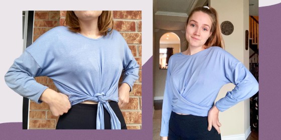 Rylee Johnston wearing the Luminora Active Wrap Shirt in blue