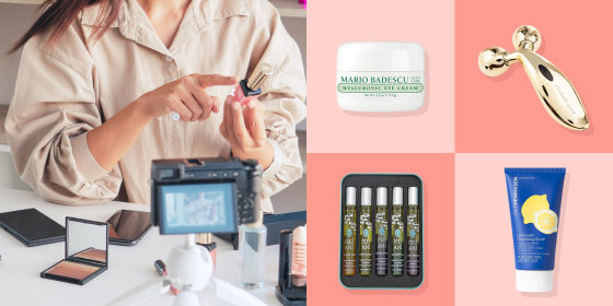 Illustration of a Woman filming a video about a makeup and skincare tutorial and Ole Henriksen Lemonade Smoothing Scrub, Mario Badescu Caffeine Eye Cream, Elizabeth Grant Uplift Roller and Pili Ani Essential Oil Blend 5-Piece Kit