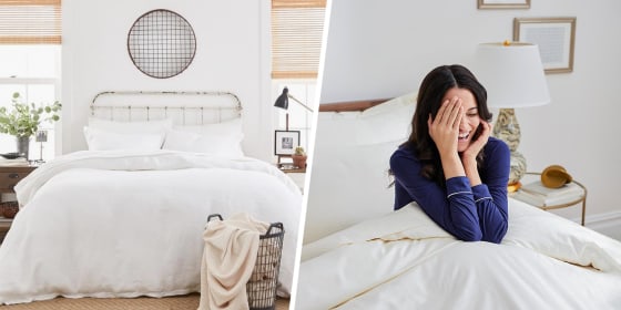 Illustration of a bedroom filled with Boll and Branch products and Woman in silk Pajama's waking up in her white Boll and Branch sheets and comforter