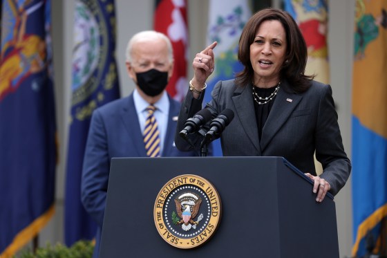 Image: Vice President Kamala Harris speaks as President Joe Biden listens during a press conference on the American Rescue Plan in the Rose Garden of the White House