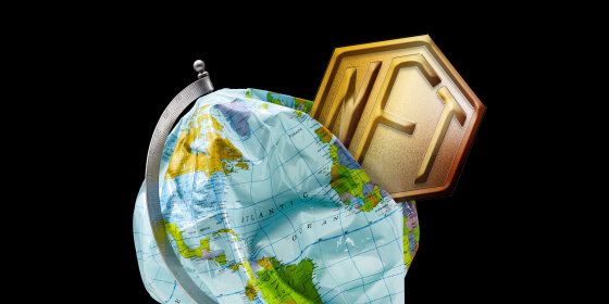 Photo illustration of an NFT token crushing and deflating a globe.