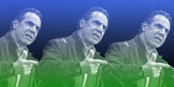 Photo illustration with repeated images of Gov. Andrew Cuomo speaking.