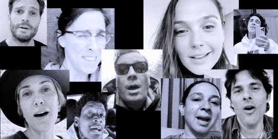Image: Photo collage of screengrabs of various celebrities who sang in the \"Imagine\" video released in March 2020.