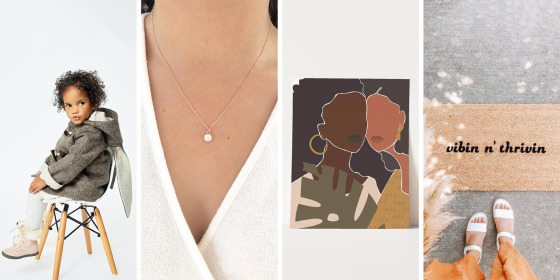 Illustration of Black Girl Wall Art, Modern Afro Art by TheEverydayPrintCo and Tiny Rose Gold Necklace from AvaHopeDesigns, Girl's Flopsy Bunny Coat by littlegoodall, and vibin n' thrivin toro mat by OliveCreativeCompany
