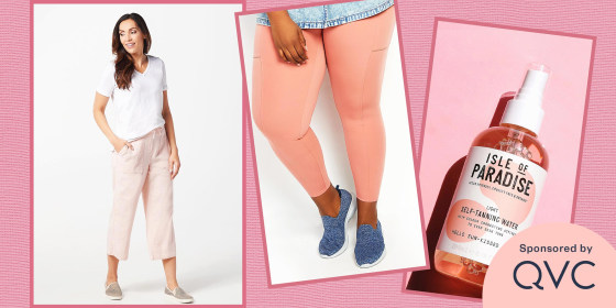 Illustration of QVC products like the Skechers Ultra Flex Flat Washable Knit Slip-On Shoes,Denim & Co. Linen Blend Pull-On Crop Pants with Pockets, Isle of Paradise Self Tanning Water