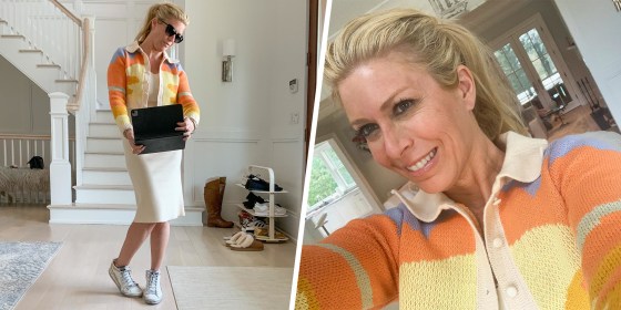 Illustration with two photo's of Jill Martin taking a selfie with her Amazon sweater