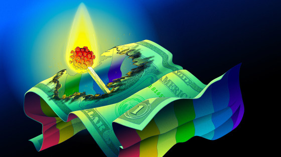 Image: Illustration shows a match with a burning head in the shape of a Covid spore burning through a rainbow dollar bill.