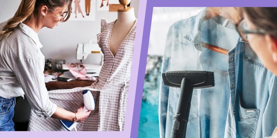 Illustration of two images with Women steaming clothes with their hand held steamers. These are the best steamers, according to cleaning experts. Shop the best steamers of 2021 to elevate your cleaning game.