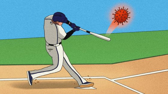 Image: Illustration of a baseball player hitting a large Covid spore with his bat.