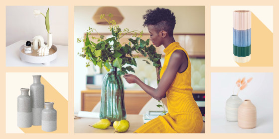 Illustration of a Woman wearing a yellow dress, sitting in her kitchen arranging flowers in a big blue vase, the RenoVois Small Bud Vase, Summer & Rose Ceramic Flower Vase, Sullivans Small Vase Set and Ceramic Snake Curve Shape Echo Vase