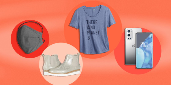 Illustration of a blue Gap Generation Good collection t-shirt, Proper Cloth Everyday Mask 2.0 in grey and the front, Jill Malek Kensington Waterproof Chelsea Rain Boot, and back of the OnePlus launches OnePlus 9 Series smartphone