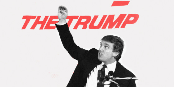 Image: Young Donald Trump speaking at a podium. Text behind him partially reads, \"The Trump\"