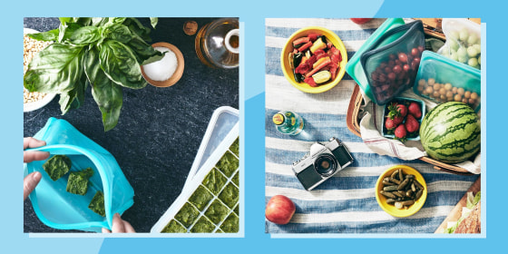 Illustration of a person putting frozen spinach cubes in a blue stashed bag and an overhead image of a picnic, on a blue and white blanket, with snacks in mult-sized Stasher reusable bags