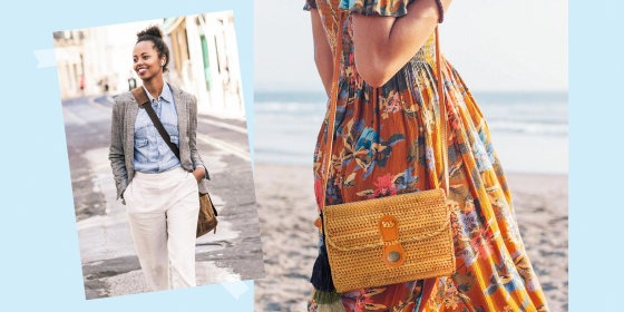 Illustration of a Woman walking down the street with a cross body bag and a Woman at the beach with the MadeTerra Oval Straw Bag Purse