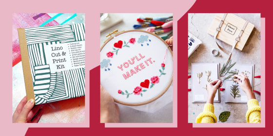 Illustration of someone needle working the phrase You'll Make It, Woman pressing flowers with a Flower Press Kit and Image of a hand holding a Lino Cut and Print Kit