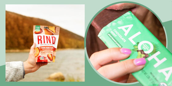A hand holding a bag. of fruit RindSnacks and a Woman eating an Aloha bar