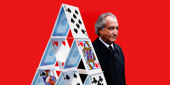 Illustration of Bernie Madoff behind a house of cards.