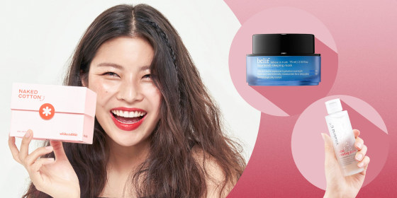 Illustration of the Belif Aqua Bomb Sleep Mask and a hand holding a bottle of Vitabrid C Facial Boosting Water and a woman holding Naked Cotton