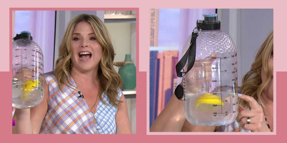 Illustration of Jenna on broadcast holding a large Bottled Joy Water Bottle